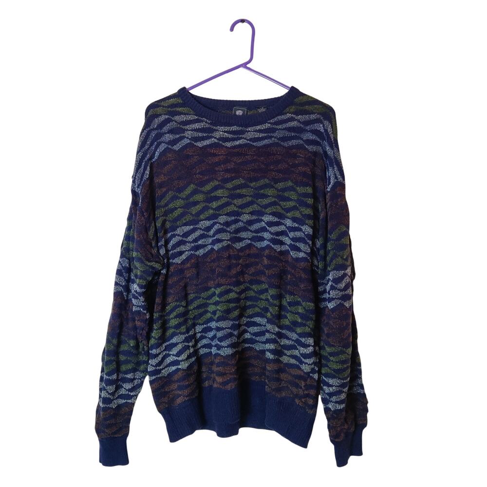 Vintage 90s Grunge Kube Textured Knit Striped Eclectic Grandpa Sweater Large